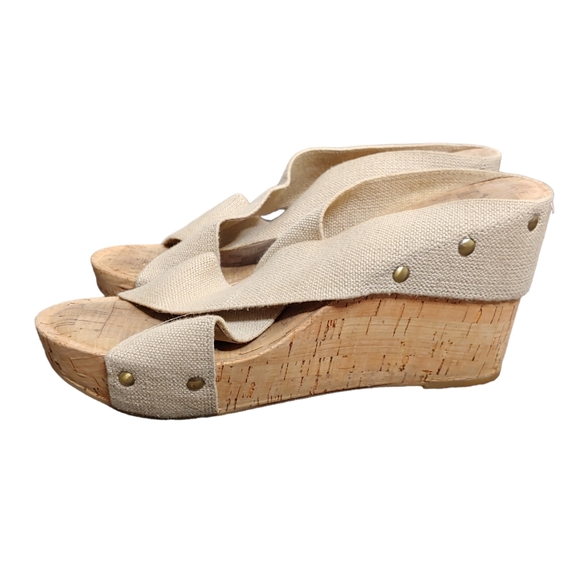 Lucky Brand Miller 2 Cork Wedges Tan Cream Open Toe Sandals Size 8.5 - Picture 1 of 14